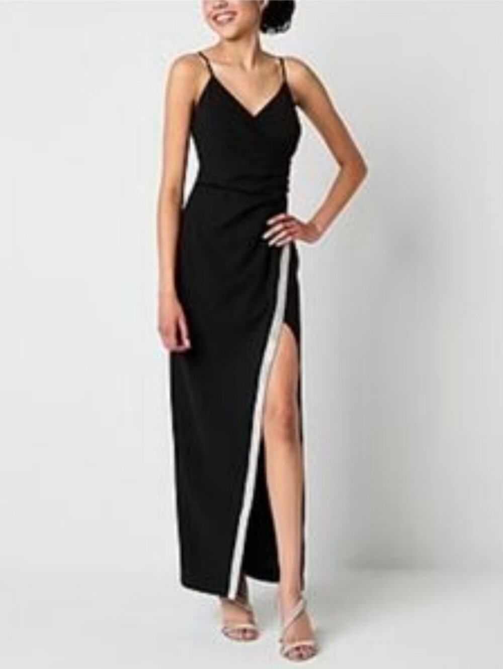 by & by Black Spaghetti-Strap Maxi Dress with Diamond Silver Side Trim